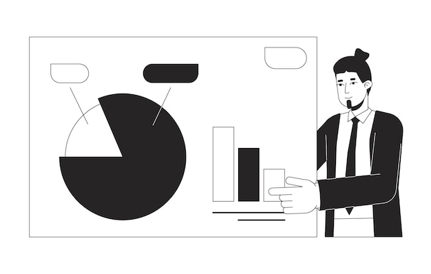 Presentation business man bw concept vector spot illustration European male sales manager 2D cartoon flat line monochromatic character for web UI design Editable isolated outline hero image