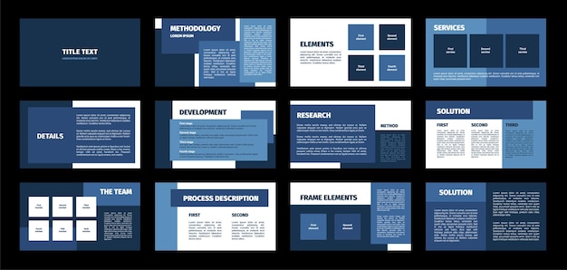 Presentation template Blue rectangles flat design white background 12 slides Title methodology element service detail development research solution team process description