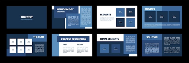 Presentation template Blue rectangles flat design white background 8 slides Title methodology element service team process description frame elements solution