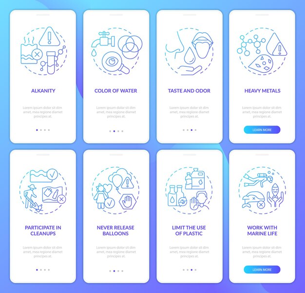 Prevent water pollution blue gradient onboarding mobile app screen set Walkthrough 4 steps graphic instructions pages with linear concepts UI UX GUI template Myriad ProBold Regular fonts used