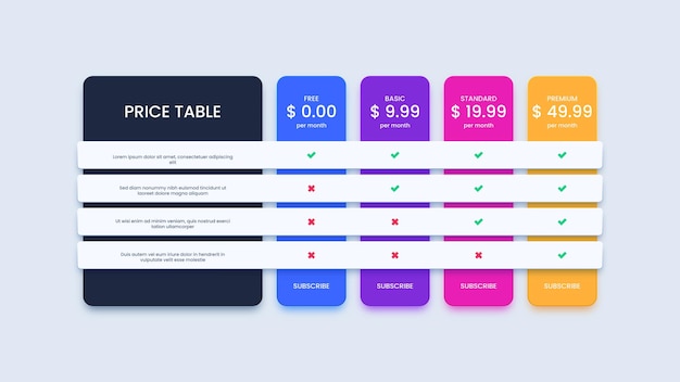 Pricing plans table for website and application