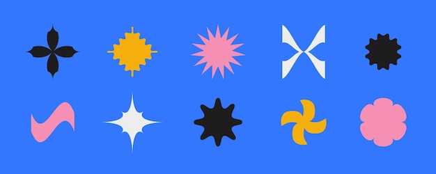Primitive geometric shapes set Colorful abstract stars and flowers forms in Swiss or bauhaus style