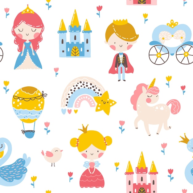Princess seamless pattern with prince unicorn swan castle and rainbow