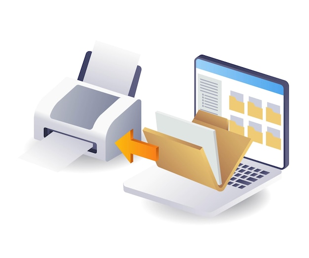 print data from computer folder concept flat isometric 3d illustration