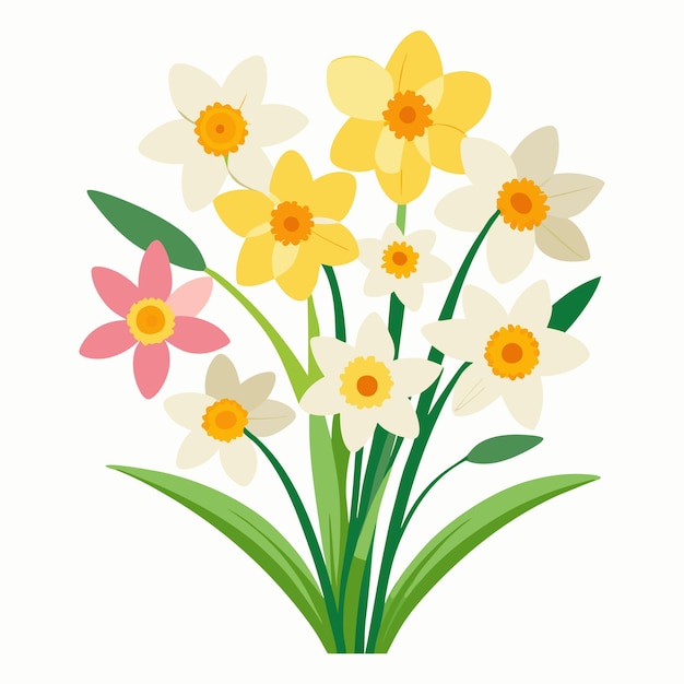 Print Elegant Floral Bunch With Daffodil Vector Illustration On White Background In Minimalist Desig