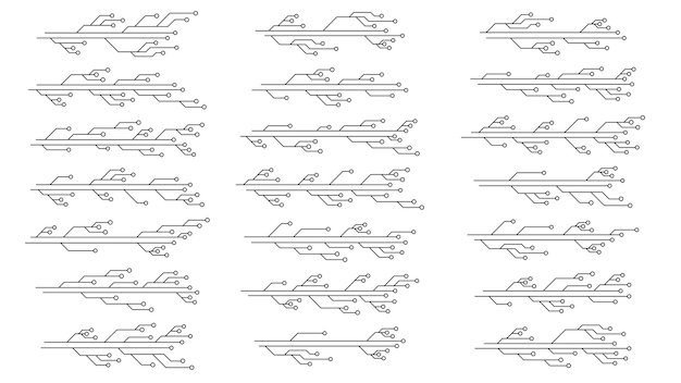 Printed circuit board PCB tracks isolated on white background Technical clipart with lines and rings at the ends Dividers for design Design element