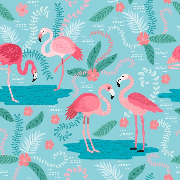 Printpink flamingos in different poses seamless pattern vector image