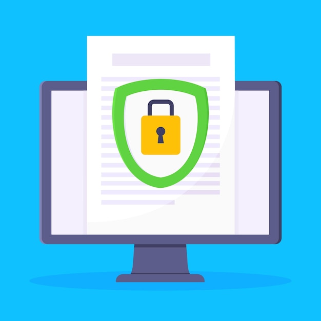 privacy policy safety lock and data protection metaphor shield with padlock on the computer