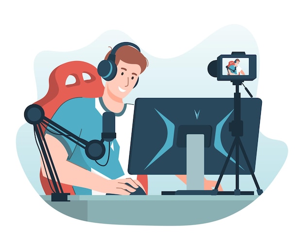 Pro gamer playing online video game on personal computer while recording video using camera and microphone