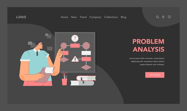 Problem analysis concept man pointing with finger at part of algorithm detailoriented breakdown and