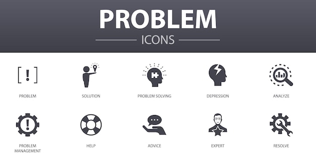 Problem simple concept icons set. Contains such icons as solution, depression, analyze, resolve and more, can be used for web, logo, UI/UX
