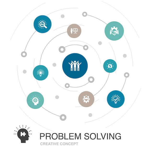 problem solving colored circle concept with simple icons. contains such elements as  analysis, idea, brainstorming, teamwork