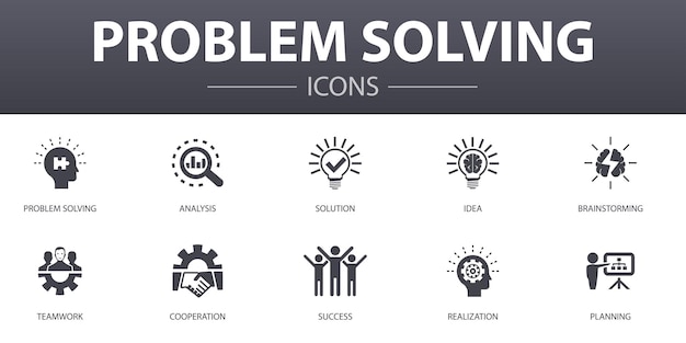 Problem solving simple concept icons set. Contains such icons as analysis, idea, brainstorming, teamwork and more, can be used for web, logo, UI/UX