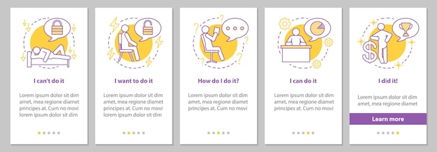 Problem solving steps onboarding mobile app page screen with linear concepts. Business strategy creating graphic instructions. UX, UI, GUI vector template with illustrations