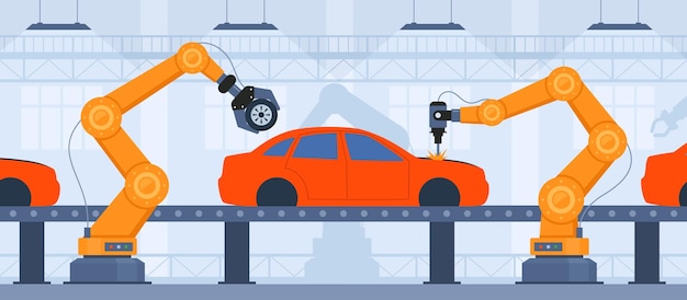 process of automated car production wehicle parts on the machinery line with robotic hands