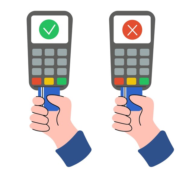 processing of card payment accepting and declining payment pos terminal with debit or credit cards