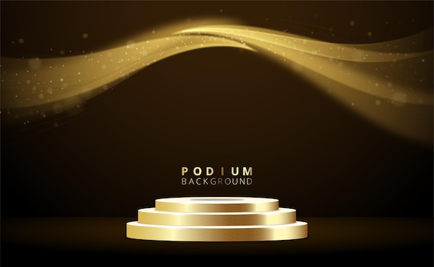 Product podium with light golden curve line and bokeh and blur elements on dark background