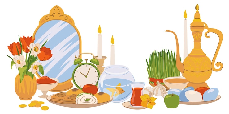 Vektör products for the international day of navruz iranian new year is a sacred day and religious holiday of zoroastrians and bahais mirror green grass sweets candles vinegar flowers flat vector