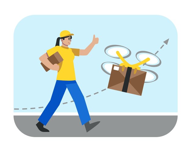 professional courier delivering parcel using drone express safe courier services concept doorstep delivery to home or office fast shipping in city vector flat illustration