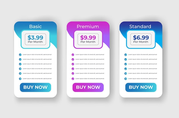 Professional creative subscription pricing table template design