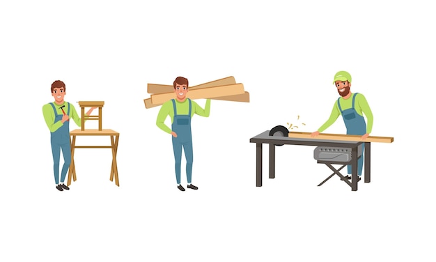 Professional Man Carpenter in Overall Installing Wooden Planks Nailing with Hammer Vector Set