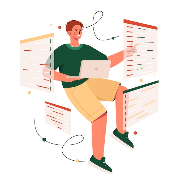 Professional programmer concept Man with laptop writes code develops programs and applications IT specialist at workplace Frontend and backend Cartoon flat vector illustration