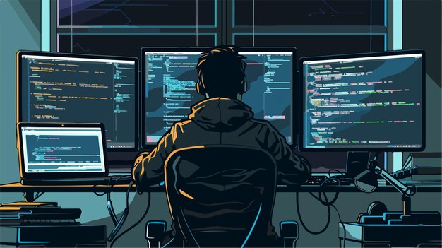 Professional Programmer Working on Code Screen from Back View