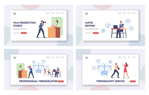 Professional Videographer Landing Page Template Set. Television Crew Characters Recording Culinary Program on Video Camera. Woman Chef Cooking Dish on Fake Kitchen. Cartoon People Vector Illustration