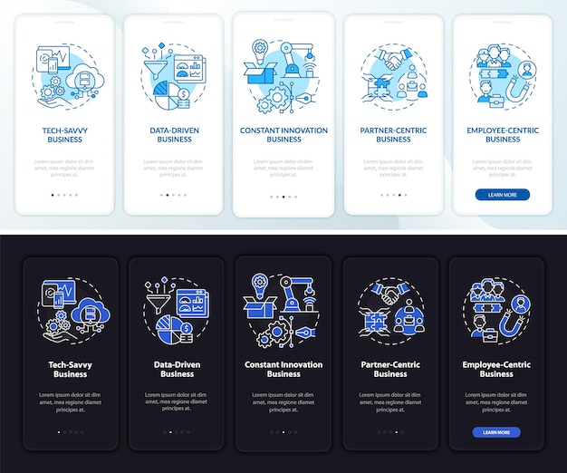 Profitable business model onboarding mobile app page screen. Company structure walkthrough 5 steps graphic instructions with concepts. UI, UX, GUI vector template with night and day mode illustrations
