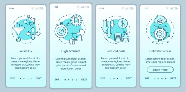 Profits of technologies onboarding mobile app page screen with linear concepts. Versatility, accurate, open access walkthrough steps graphic instructions. UX, UI, GUI vector template with illustration