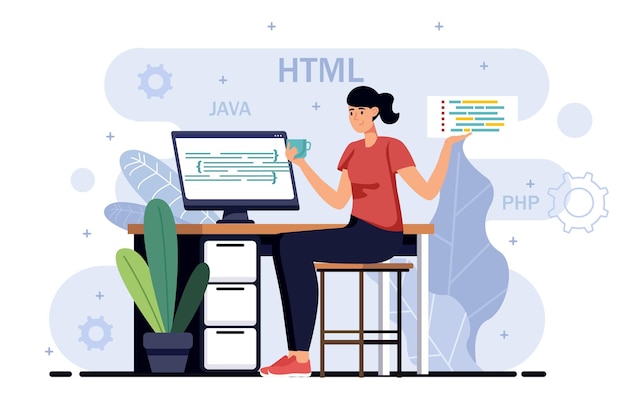 Programing software minimalistic concept with people scene in the flat cartoon style