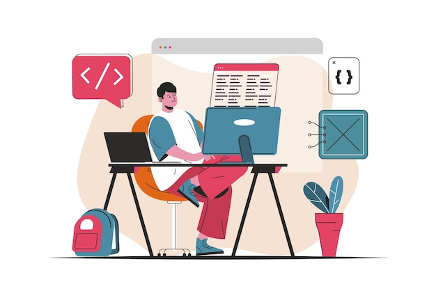 Programmer arbejder koncept isoleret. Oprettelse og udvikling af software, programmer. Folk scene i fladt tegneseriedesign. Vektorillustration til blogging, hjemmeside, mobilapp, salgsfremmende materialer.