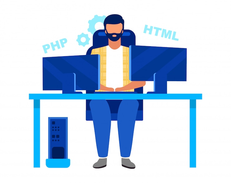 Vektor programmer, coder flat vector illustration. software engineer, professional developer isolated cartoon character . call center, it department worker, freelancer, outsourcer