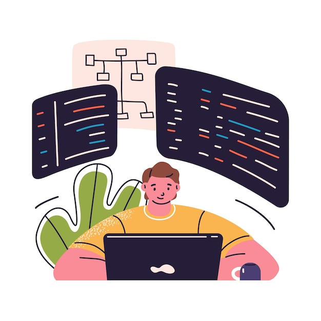 Programmer coding at laptop Software developer work with business project structures and systems analyzing data Program development concept Flat vector illustration isolated on white background