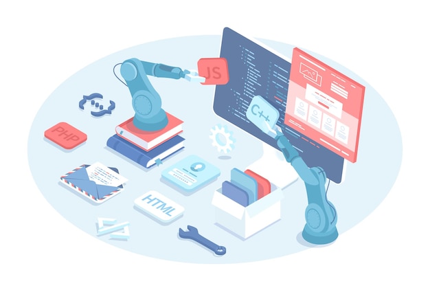 Programmer engineering and coding Web development illustration Work with the program code on the m