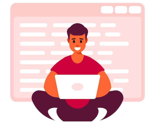 Programmer in lotus pose working at laptop on the background of the window with the program code