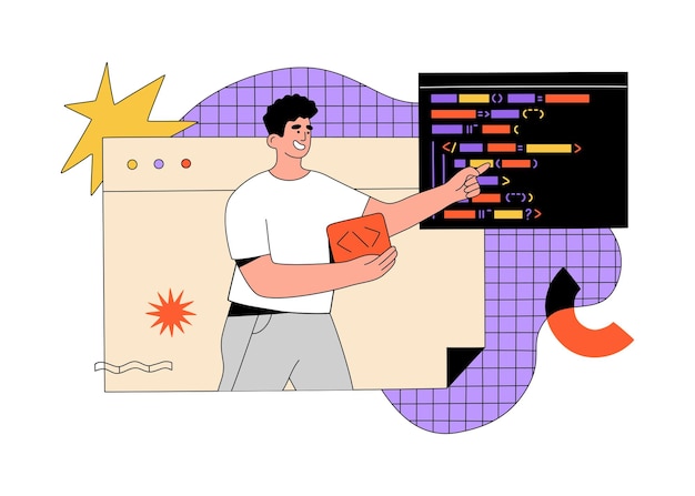 programmer is working on writing codes on special language. concept of software development and web engineering. hand drawn vector illustration isolated on light background. modern flat cartoon style.