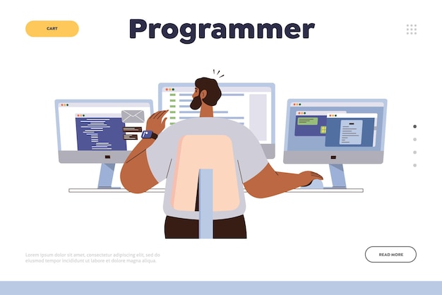 Programmer landing page template man writing software code working on computers at workplace