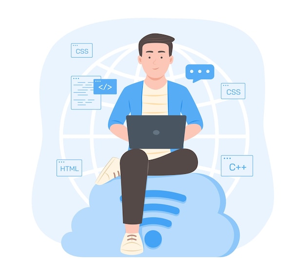 Programmer Man Sitting on Cloud Computing Symbol and Process Coding for Software Development Concept