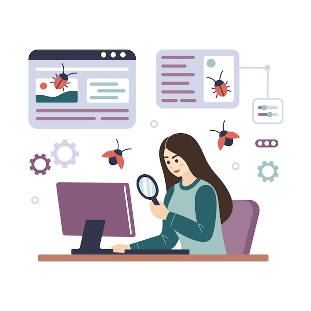 Programmer tester female character cartoon illustration Woman Software tester at computer finding program bugs QA testing debugging concept Flat vector illustration isolated on white