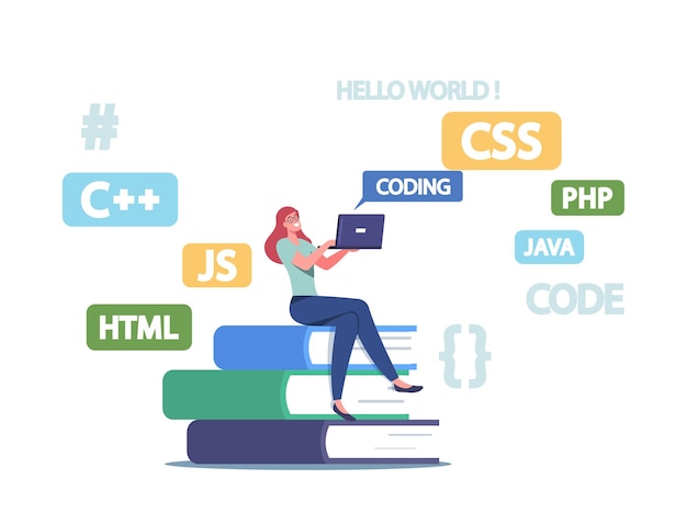 Programmer Tiny Female Character Sit on Huge Textbooks Pile Work on Laptop Developing Programming Languages, Websites or Software. Coding and Computing Occupation. Cartoon People Vector Illustration