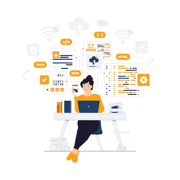 Programmer Udvikler softwareudviklingsingeniør med bærbar computer, der sidder ved kontorbordet, mens han koder og udvikler programmeringssprog PHP HTML CSS Js koncept illustration