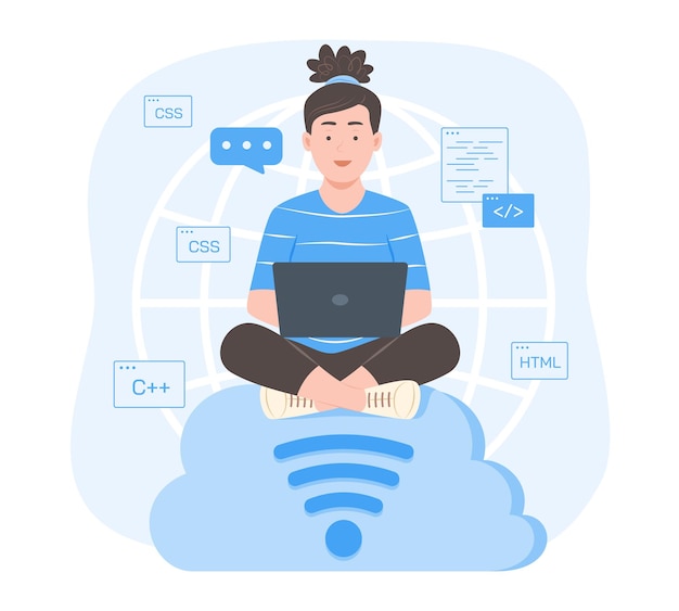 Programmer Woman Sitting on Cloud Computing Symbol and Process Coding for Software Development