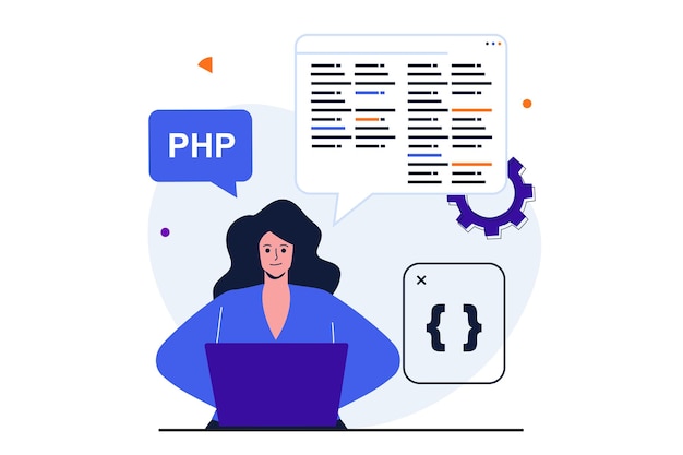 programmer working modern flat concept for web banner design woman developer analyzes