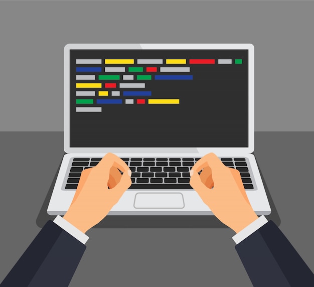 Programmer working writing code. Man typing on the keyboard with code on the screen. Web developer, design, programming. Coding concept. Isolated illustration.