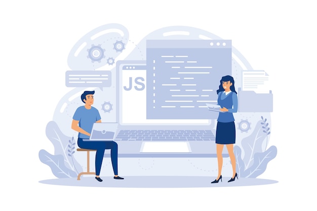 Programmerere, der bruger JavaScript-programmeringssprog på computer, små mennesker. JavaScript sprog,