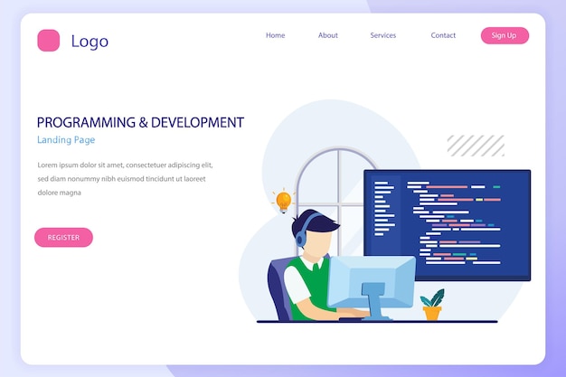 Programmerere på arbejde koncept Folk arbejder på bord ved hjælp af bærbare computere programmering og kodning programmeringssprog css html PHP ui Flad vektorskabelon stil Velegnet til web landingssider
