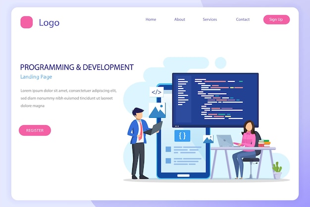 Programmerere på arbejde koncept Folk arbejder på bord ved hjælp af bærbare computere programmering og kodning programmeringssprog css html PHP ui Flad vektorskabelon stil Velegnet til web landingssider
