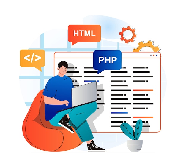 Programmering arbejdskoncept i moderne fladt design. Udvikler programmerer i HTML og PHP sprog