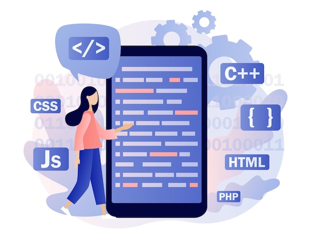 Programmering och teknisk utveckling Liten kvinna programmerare eller utvecklare skapar kod programmering